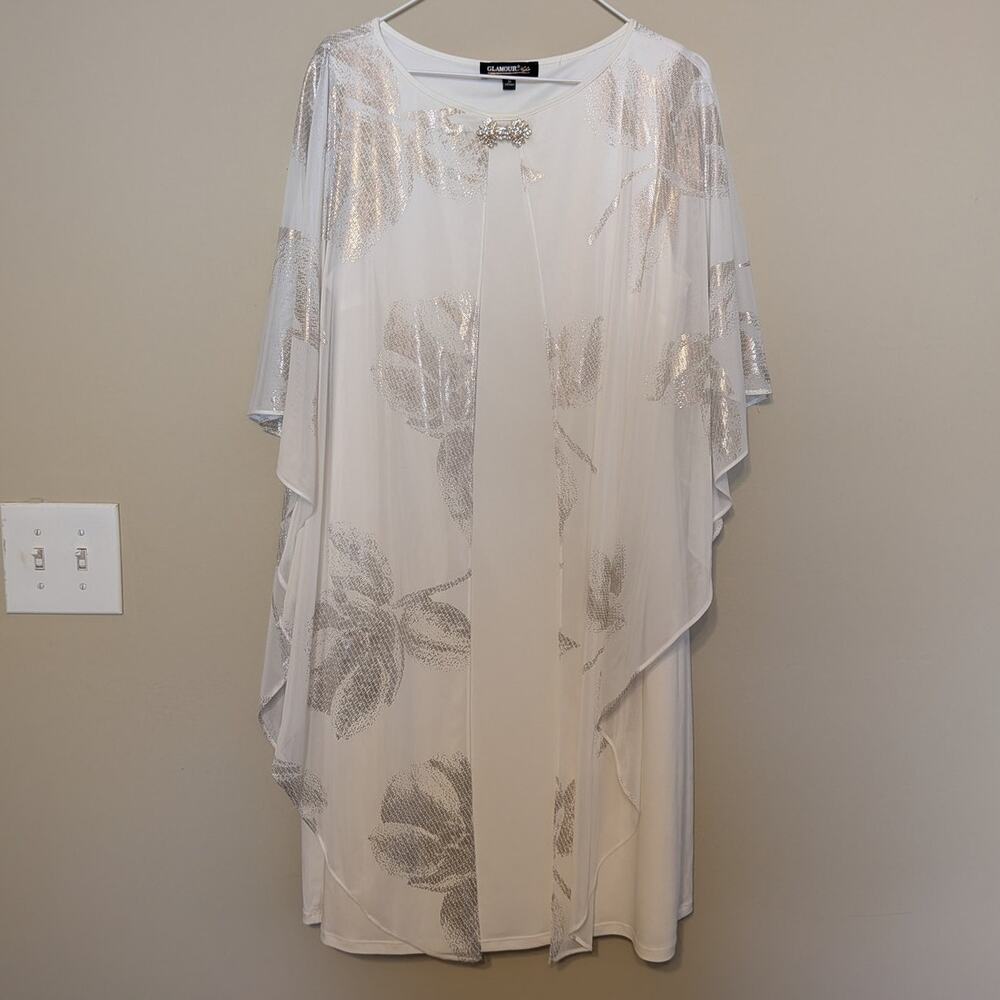 Glamour Nights Chic Night Out White Dress With Sheer Cape With Pendant Charm